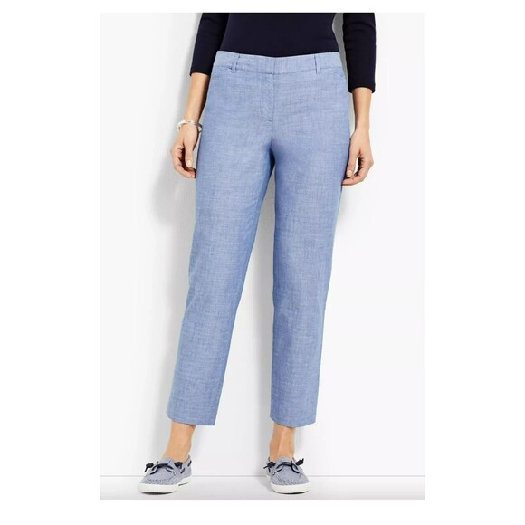 100% Linen Talbots Slim Ankle Blue Chambray Pants 6 - Picture 1 of 12